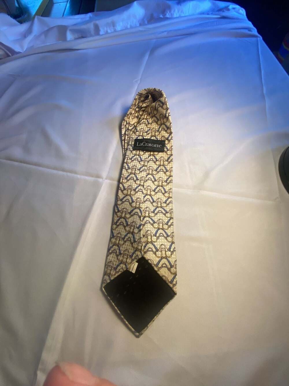 LaCravatte Men's Silk Necktie Equestrian Horsebit Gold Blue Pattern